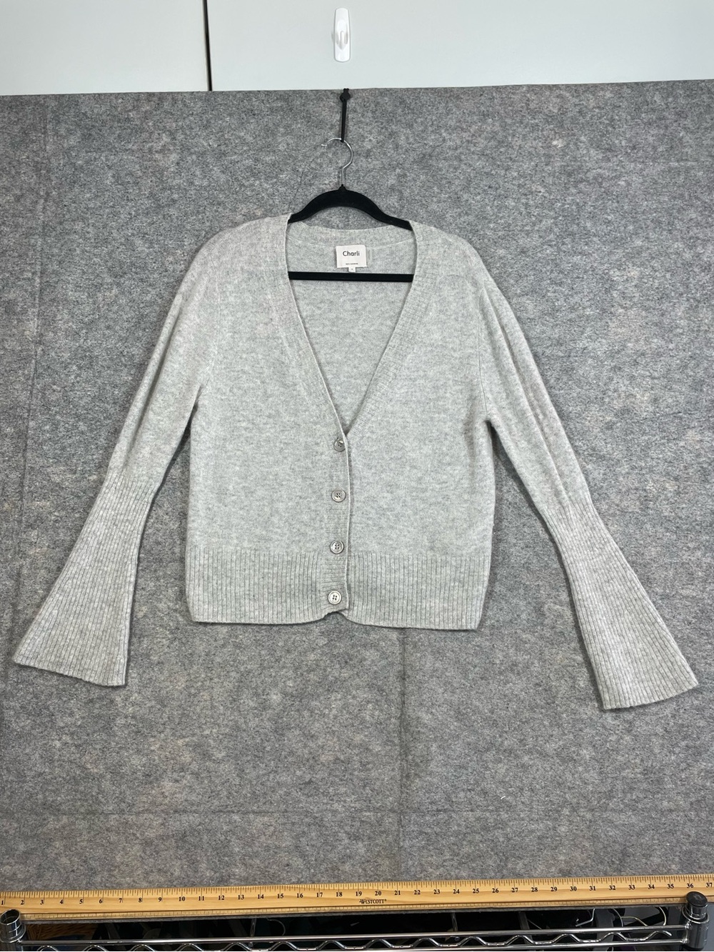 Charli 100% Cashmere Cardigan Gray Medium Bell Sleeve Quiet Luxury Sweater